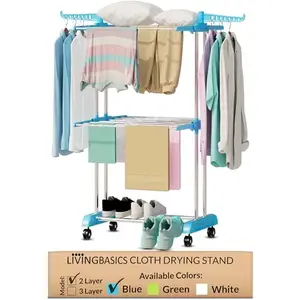 LIVINGBASICS 2 Layer Finest Clothes Stand for Drying/Cloth Drying Stand/Cloth Stand for Drying Clothes Foldable/Cloth Drying Stand for Balcony/Stainless Steel Hanging Dress Dryer Rack (Cyan Blue)