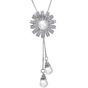 Shining Diva Fashion Latest Design Stylish Pearl Crystal Flower Long Chain Pendant Necklace for Women and Girls