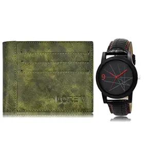 LOREM Combo of Black Wrist Watch & Green Color Artificial Leather Wallet (Fz-Wl17-Lr08)