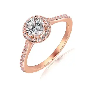 MISS JO 92.5 Sterling Silver Classic Brilliant Solitaire Halo Ring, Engagement Ring, Elegant Whites, Gift for Women, BIS Hallmarked-Rose Gold Polish-Size 6