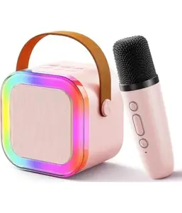 Portable Karaoke Speaker Set with LED Lights, Wireless Microphone, Pink