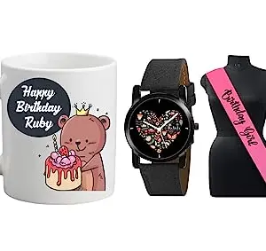 Relish Gift for Girls | Black Watch & Happy Birthday Ruby Printed Coffee Mug & Birthday Girl Sash