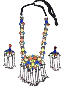 Total Fashion Latest Boho Trible Silver Oxidised Long Mirror Necklace Jewellery Set Women for Girls