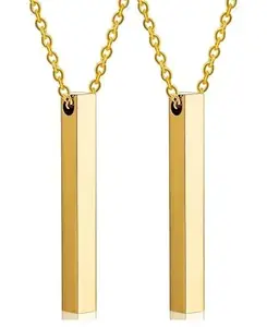 National (Pack Of 2 Pcs Unisex Golden Color Fancy & Stylish Metal 3D Cuboid Vertical Bar Stick Custom Name Locket Pendant Necklace With Clavicle Chain Jewellery Set