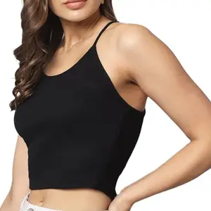 PUERY Women's Basic Sexy Stretchy Solid Racerback Shoulder Strap Black Sleeveless Crop Top for Women (S, Black)