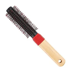 Scarlet Line Professional Round Hair Styling Brush with Rubber Grip Wooden Handle with Ball Tip Nylon Bristles for Women n Men_Black Color