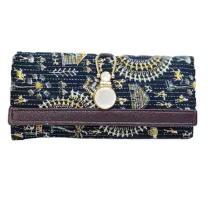 Atheena.Aris Ikkat Traditional Print Design Wallet Black Blue Colour Women's Folded with Hanging Tassel for Easy Carry Notes and Compartment Magnetic Closure