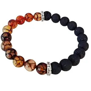 RRJEWELZ Natural Agate & Volcanic Lava Round Shape Smooth Cut 8mm Beads 7.5 inch Stretchable Bracelet for Healing, Meditation, Prosperity, Good Luck | STBR_00220