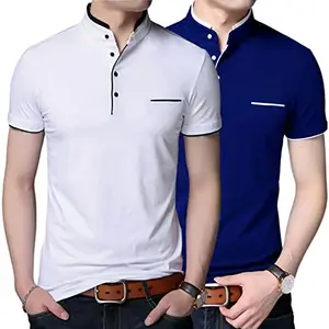 Pixie Fashion Stylish and Handsome Half Sleeves Mandarin Collar T-Shirt for Men Combo Pack of 2 (White and Blue) - X-Large