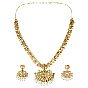 Peora Antique Finish Faux Stone Studded Necklace Earrings Set Indian Wedding Bollywood Fashion Jewelry for Women Girls