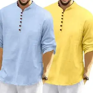 FINIVO FASHION Combo of Men’s Casual Full Sleeve Kurta Style Shirt with Button Placket, Lightweight Breathable Fabric, Regular Fit Ethnic Fusion Wear for Daily & Festive Use Pack of 2
