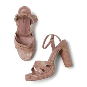 Marc Loire Women Block Stiletto Heels Sandal with Adjustable Ankle Strap for Party and Formal Occasions (Rose Gold, 7)