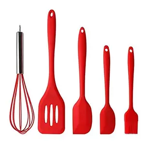 Cookza Cookza Silicon Spatula Set of 5 of 1 x Slotted Turner Spatula, 1 x Large Spatula, 1 x Small Spatula, 1 x Brush, 1 x Hand Mixer, Easy to Clean, Heat Resistent, Silicone Material, Set of 5