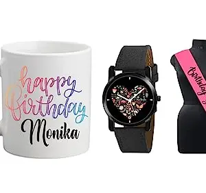 Relish Gift for Girls (Pack of 3), Black Analogue Watch & Happy Birthday Monika Printed Ceramic Coffee Mug & Birthday Girl Sash