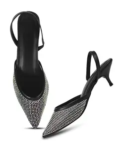 Froh Feet Women’s Rhinestone Pointed Toe Slingback Kitten Heels | Elegant Party & Wedding Heel - Black
