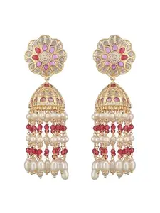 SARAF RS JEWELLERY Rhodium Plated Red AD Pearl Beaded Contemporary Long Jhumka Earrings