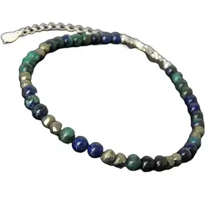 RRJEWELZ Chrysocolla, Lapis Lazuli & Gold Pyrite 6mm Round Shape Faceted & Smooth Cut Gemstone Beads 7 Inch Adjustable Silver Plated Clasp Bracelet For Men, Women. Gemstone Link Bracelet. | Lcbr_02057