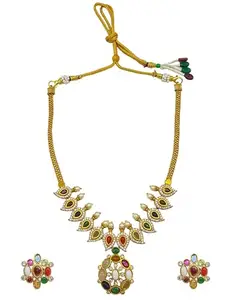 Griiham Premium Sayara Collection Elegant Navratna stones CZ Necklace Set For Women And Girls