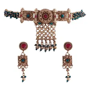 I Jewels 18K Gold Plated Traditional Brass Pearl Choker Necklace With Earrings for Women/Girls (MC111M)