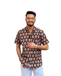 KEERRAZ Cotton Half Sleeve Premium Casual Shirt with Traditional Sanganeri Jaipuri Print for Office wear & Daily Use