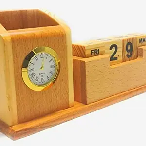 JIGGSTER Wooden Desk Organizer, Multi-Functional Pen pencil Holder Box, Desktop Stationary with Clock and Changeable Date Calendar Mobile Holder for Office, Shop, Showroom.