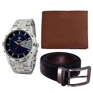 Rabela Men's Combo Pack of Analog Blue Dial Watch Tan Wallet and Reversible PU Leather Belt RWWB-1112