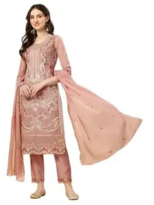 NIVANA Womens Pakistani Embroidered Kurta with Pant & Dupatta | Organza Kurta Set with Round Neck & 3/4 Sleeves | Traditional Ethnic Wear for Festive and Party Occasions