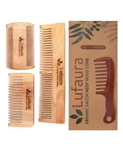 Lufaura Natural Organic Kacchi Neem Wood Comb, Soaked In Herb Oil For Multi-Actions Detangling, Frizz Control and Shine, Non Static, For All Hair Types (Women Combo of Dual Teeth + Lice + Wide Bounce Small)