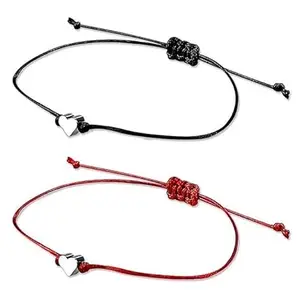 Bigwheels Adjustable Black & Red 2 Pcs Valentines Day Special Love Couples Matching Heart Design Handmade Friendship Pinky Promise 2 In 1 Duo Wrist Band Cuff Dori Rope Bracelet