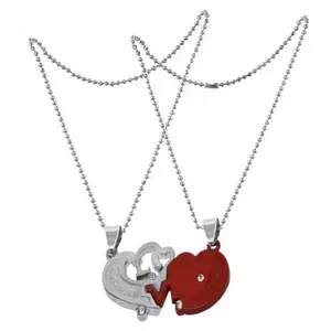 Shiv Jagdamba Valentine Gift His And Her Broken Heart I Love You Couple Locket With 2 Chain Red, Silver Zinc, Alloy Pendant Necklace Chain For Men And Women
