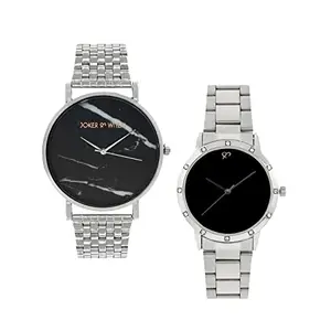 Joker & Witch Stainless Steel Cookies & Cream Couple Analogue Watches, Black Dial, Silver Band