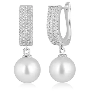Peora Silver Plated Cubic Zirconia & Pearl Studded Drop Hoop Earrings Trending Jewellery For Women