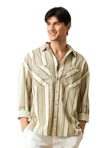 Beyoung White and Brown Striped Urban Shirt for Men
