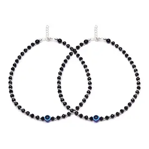ZAVYA 925 Sterling Silver Evil Eye Adjustable Rhodium Plated Beaded Anklet (Pair) | Gift for Women & Girls | With Certificate of Authenticity & 925 Hallmark