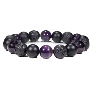 RRJEWELZ Natural Purple Amethyst, Matte Onyx & Lava Rock 10mm Round Shape Smooth Cut Beads 6.5 Inch Stretchable Bracelet for Men & Women.|STBR_RR_07925_6.5