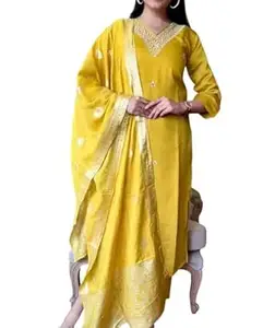 Bovkari Women's Slub Rayon Embroidery Kurta Pant with Printed Dupatta Kurta Set For Women