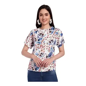 Classy Fashion Floral Print Batwing Sleeve Top (Sky Blue, Small)