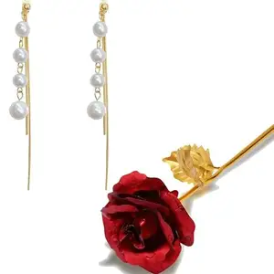 Fashion Frill Valentine Gift For Girlfriend Earrings For Women Gold Plated Pearl Korean Long Tassel Drop Earrings For Women Girls With Golden Flower Love Gifts