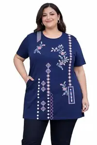 In Love Women's Cotton Plus Size Half Sleeves Semi Long Ethnic Kurta Print Tshirt for Summers with One Side Pocket for Ladies L to 7XL