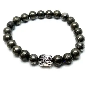 Giversbay Buddha Head Beaded Bracelet, Black Obsidian Stone, 8mm Beads, Silver Metal Charm