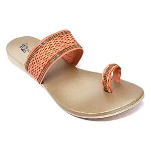 Padvesh Women's Slip on Flat Sandals Casual Bling Rhinestone Strap Sandals Open Toe With Ring Toe Slide Sandals (Peach,7)