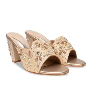 ROCIA By Regal Gold Women Heavy Embroidered Block Heel Sandals