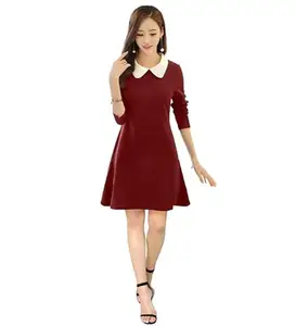 Women's Polyster Solid Collar 3-4th Dresses (Maroon, M)-PID56831