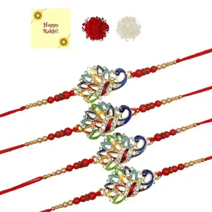 DMS RETAIL Multicolor Diamond Studded Peacock Bracelet Rakhi for Brother with Roli Chawal Bhaiya Bhabhi Rakhi Rakhi Set for Brother Pack of 4 With Roli Chawal And Greetings Card