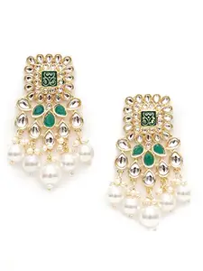 Karatcart Gold Plated Green and Pearl Studded Kundan Dangler Earrings for Women