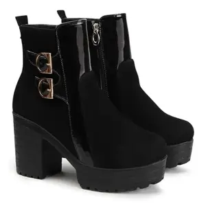 STRASSE PARIS Women's Black Chunky Heel Ankle Boots with Stylish Buckle Strap and Platform Sole, Boot for Women,5