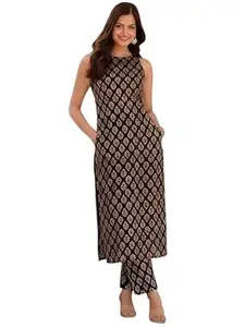 Pinkmint Women’s Pure Cambric Cotton Kurta Set | Sleeveless Printed Kurta with Pant | Summer Wear Co-Ord Set | Plus Casual