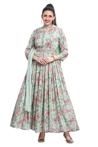 Great Outfits Green Floral Print One Piece Dress with Dupatta (Medium, Green)