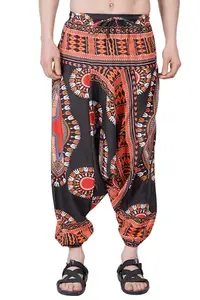 SkullWolf Mens Cotton Solid Harem Pants Yoga Trousers Hippie Boho Pants (Black-Orange)