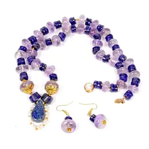 gemsindia 24 Inch Designer Amethyst Lapis Gemstones Beaded Handmade Necklace/Earrings Jewelry